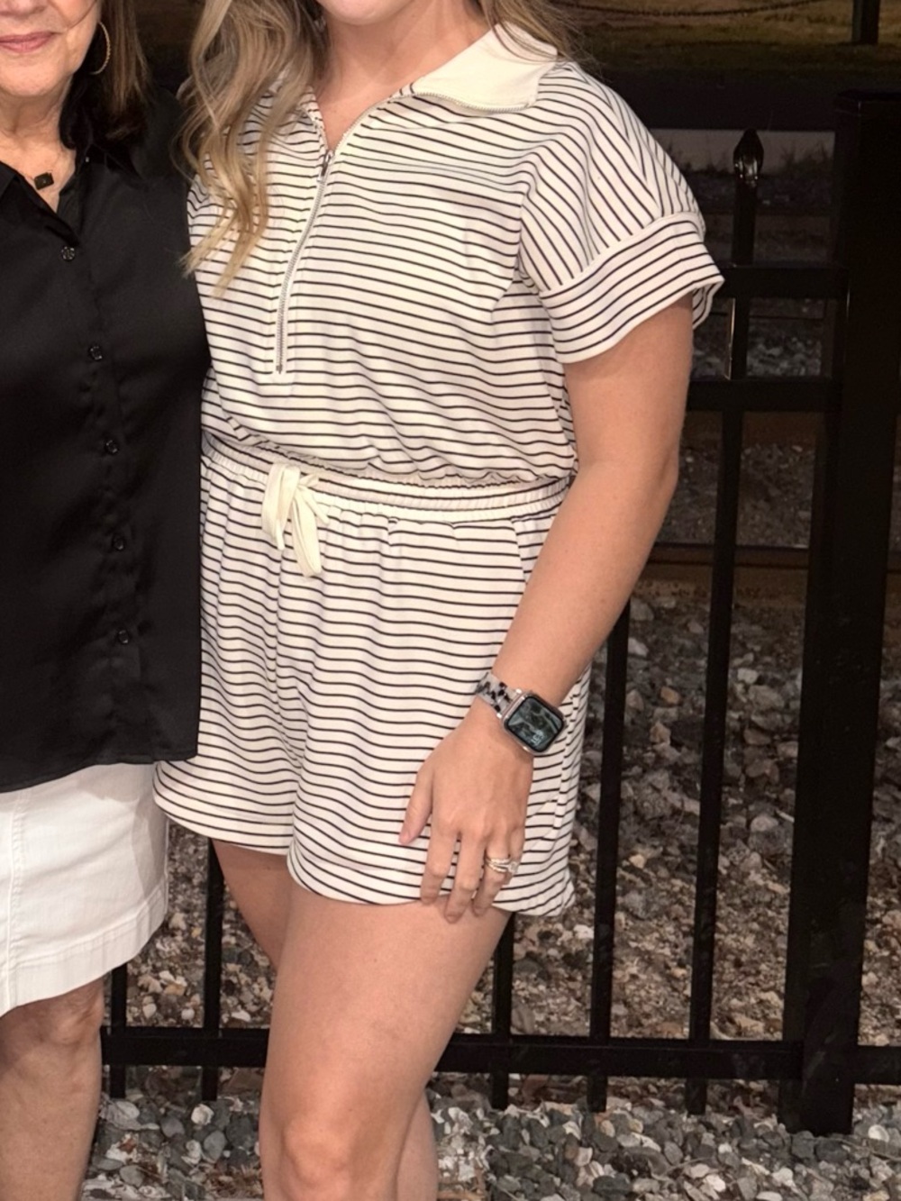 Umgee Cream and Black Striped Short Sleeve Romper